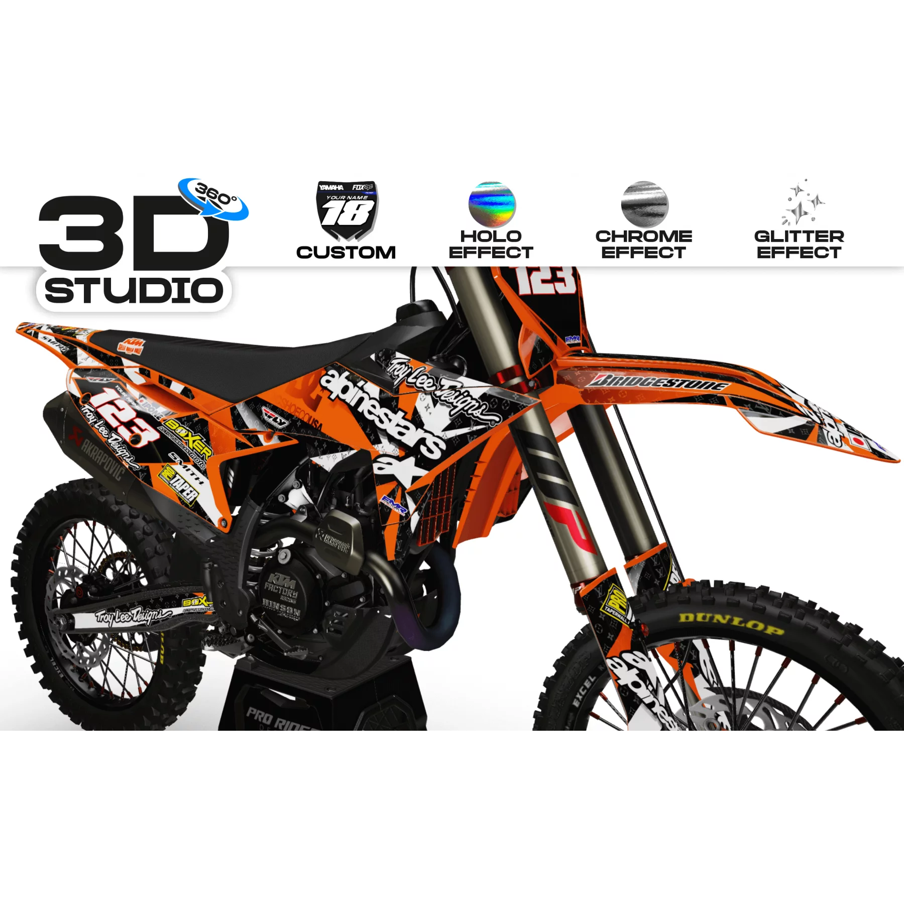 Kit adesivos moto KIT ADESIVOS Motocross PERSO MOTOCROSS ALPINESTARS laranja (ref:prda4f) 3D