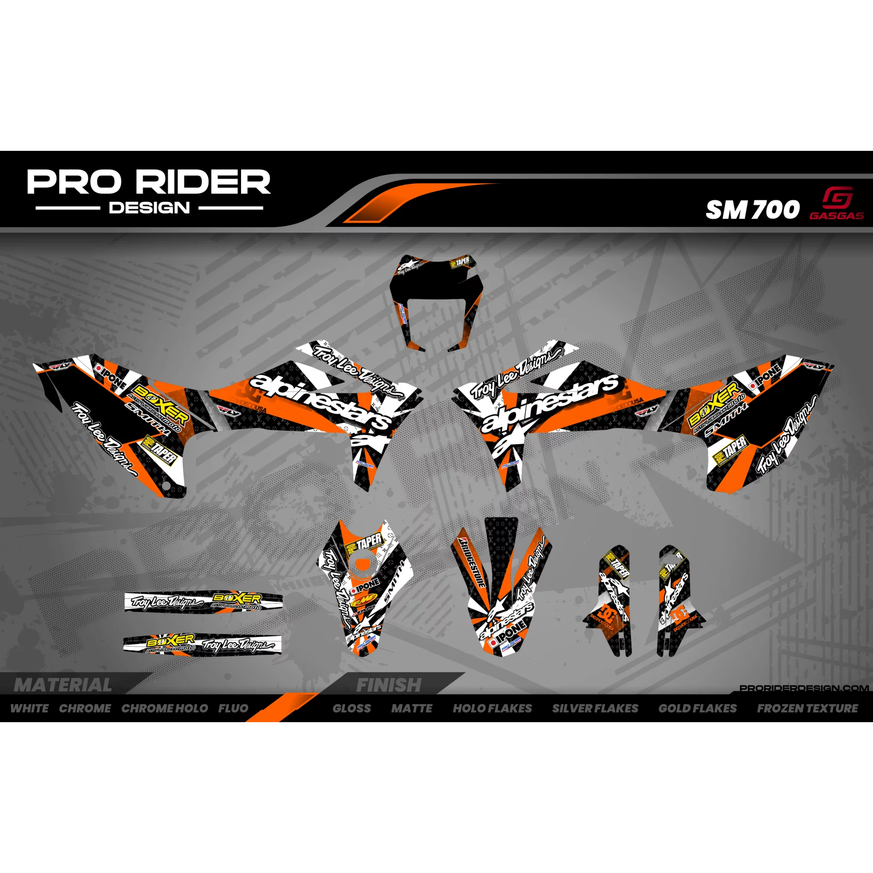 Kit adesivos moto KIT ADESIVOS Motocross PERSO MOTOCROSS ALPINESTARS laranja (ref:prda4f) 3D