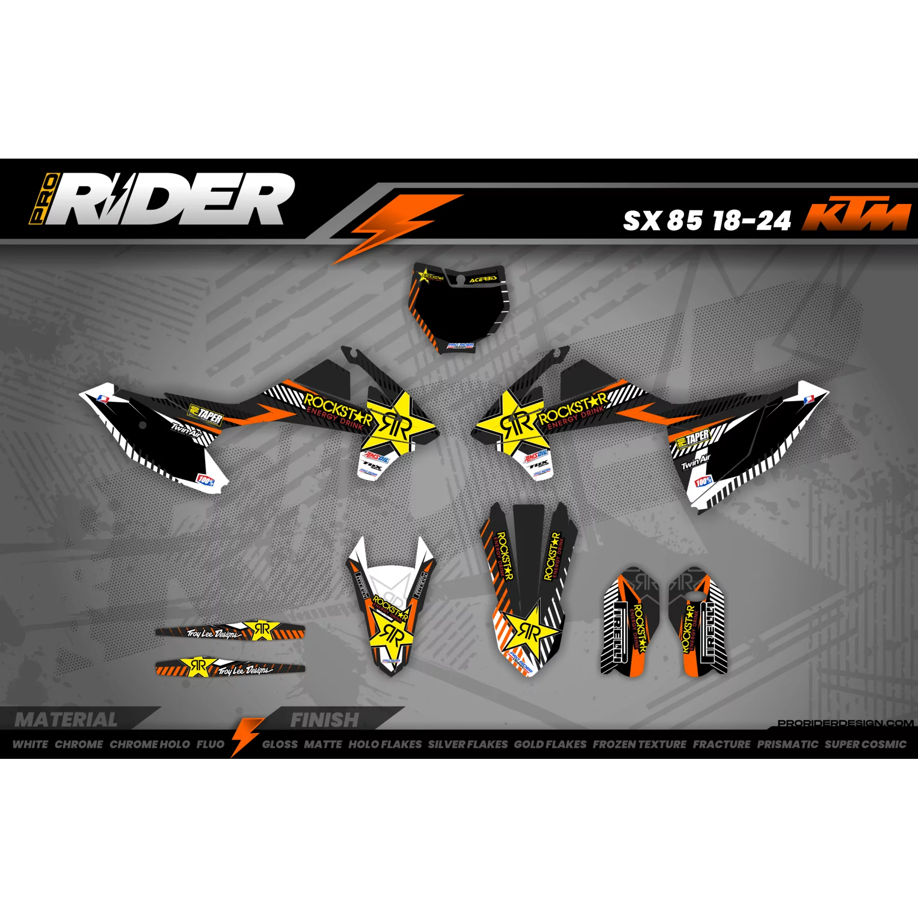Kit déco moto KIT DECO MOTOCROSS PERSO ROCKSTAR Édition Limitée orange (ref:prda19c)
