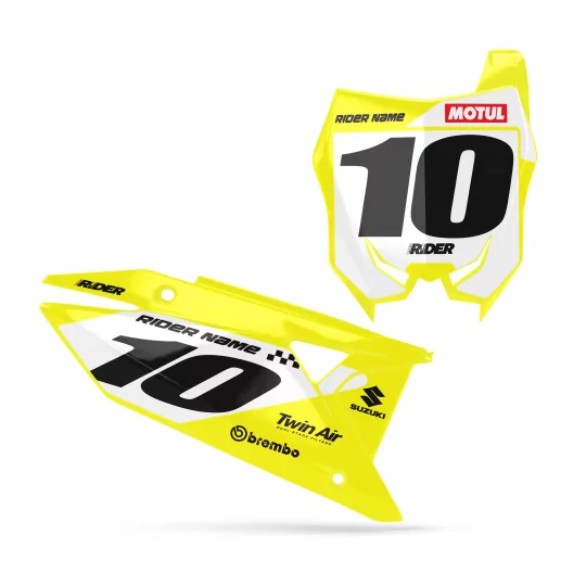 STICKERSET motorstickers STICKERSET NUMMERPLAAT ACHTERGRONDEN PERSO SUZUKI Contact White Yellow