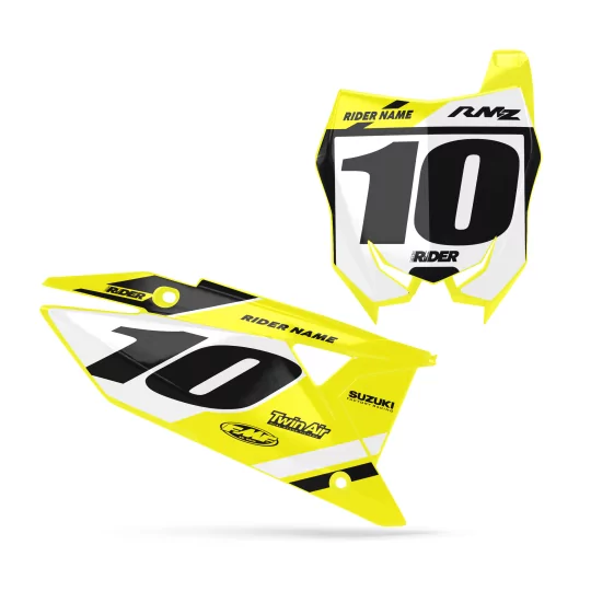 STICKERSET motorstickers STICKERSET NUMMERPLAAT ACHTERGRONDEN PERSO SUZUKI Mount Yellow Black