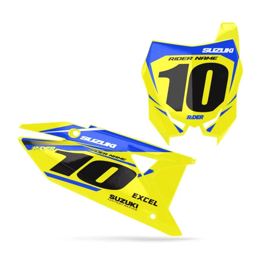 STICKERSET motorstickers STICKERSET NUMMERPLAAT ACHTERGRONDEN PERSO SUZUKI Mount Blue Yellow