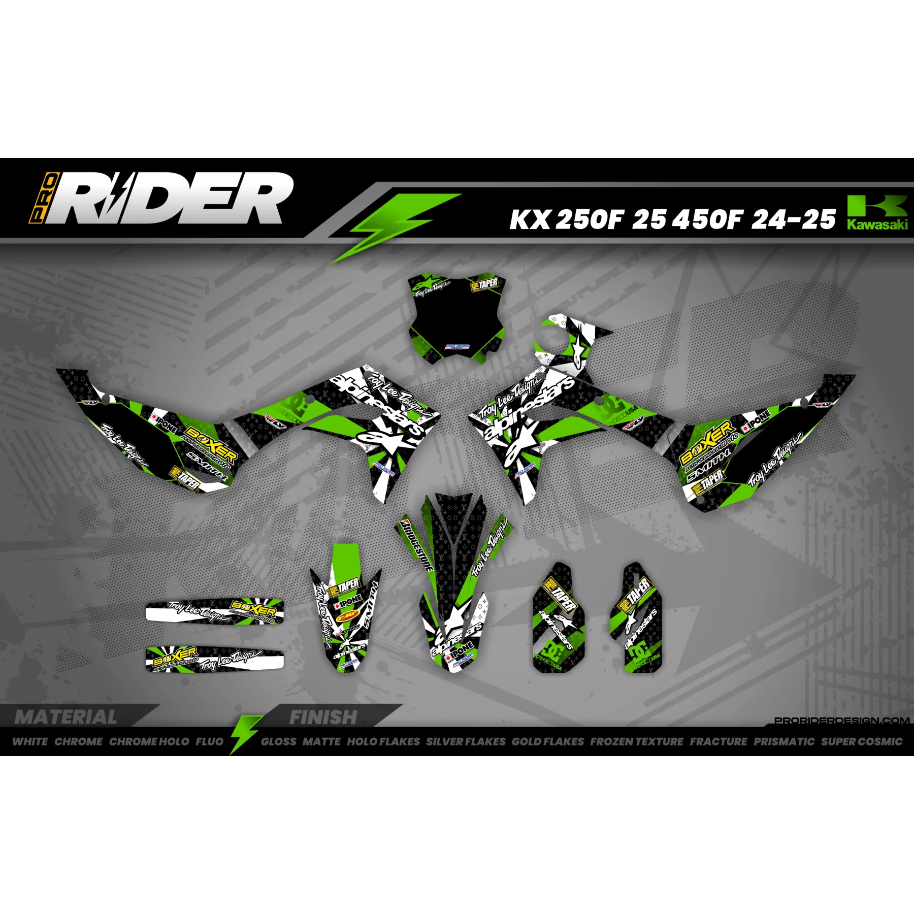 Kit adesivos MOTOCROSS ALPINESTARS verde (ref:prda4b) - KIT ADESIVOS MOTOCROSS KAWASAKI