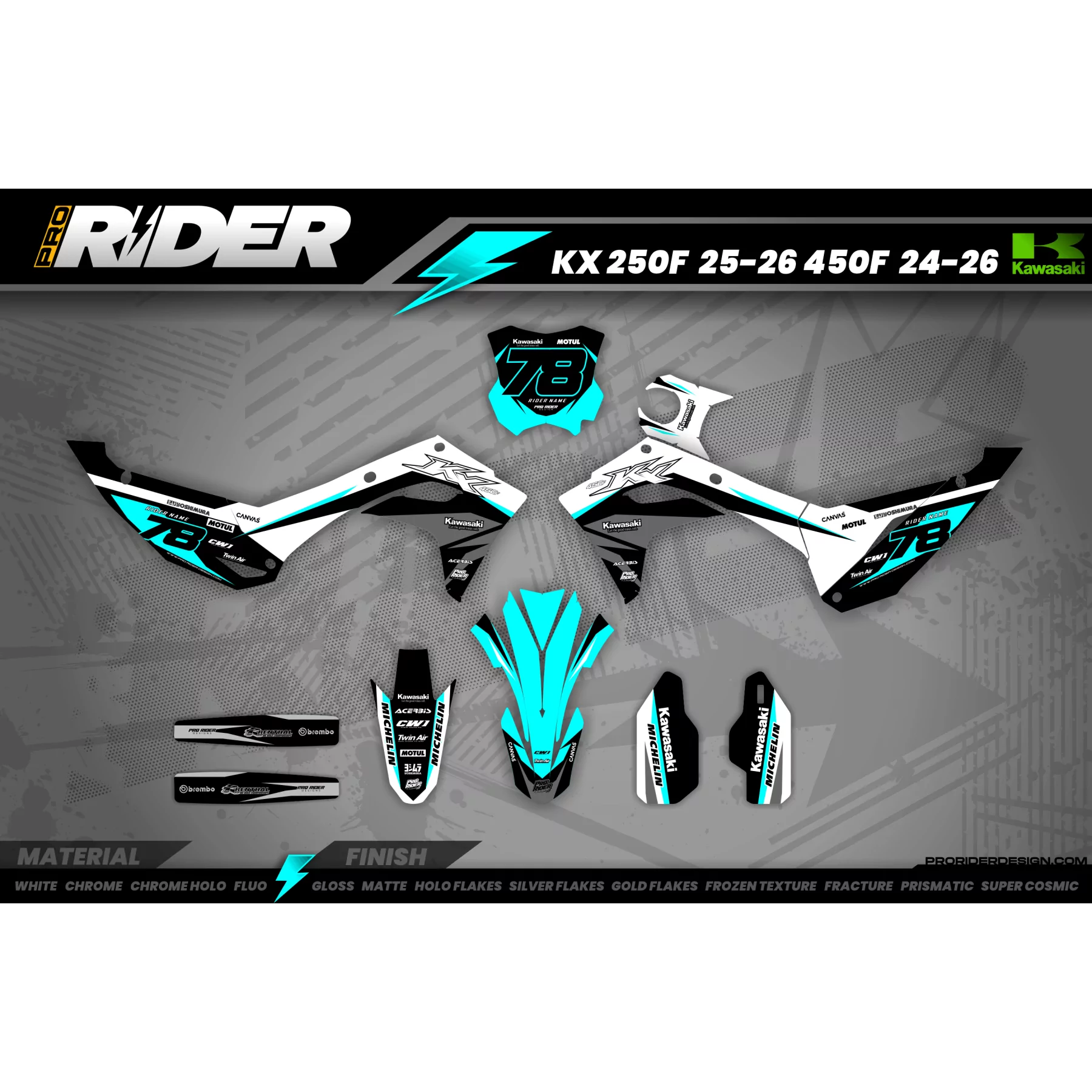 Kit adhesivos Motocross KAWASAKI TEAL ONE  - KIT ADHESIVOS MOTOCROSS KAWASAKI