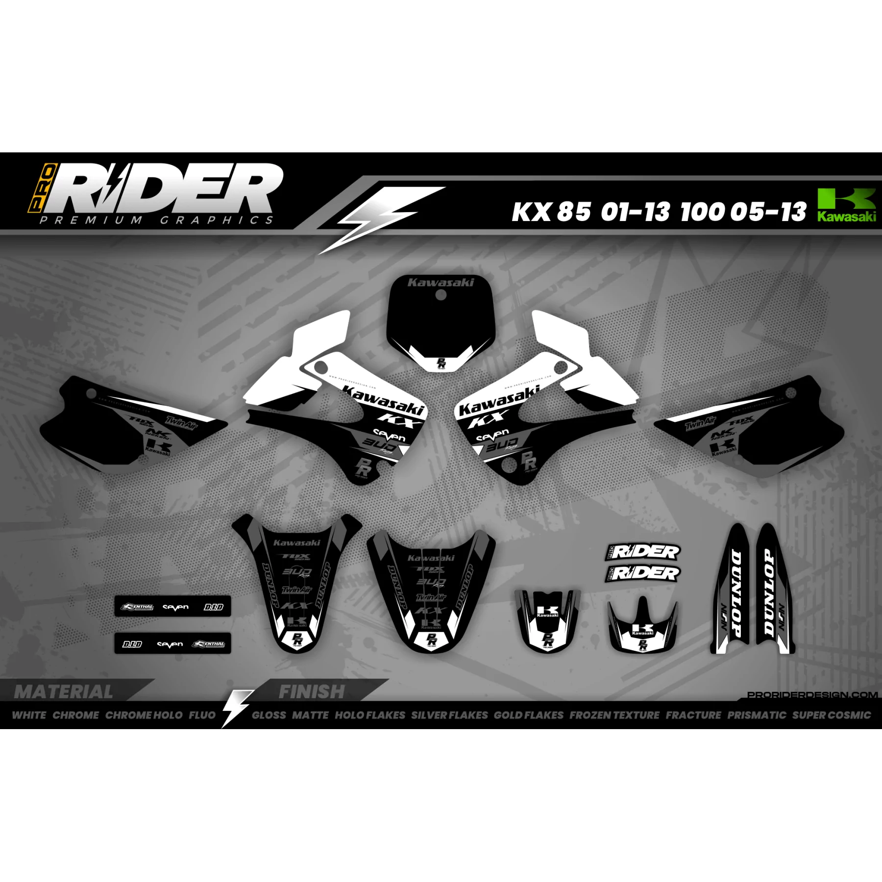 Kit adesivos Motocross KAWASAKI BUD RACING PRETO|BRANCO (REF:PRDA36B5) - KIT ADESIVOS MOTOCROSS KAWASAKI