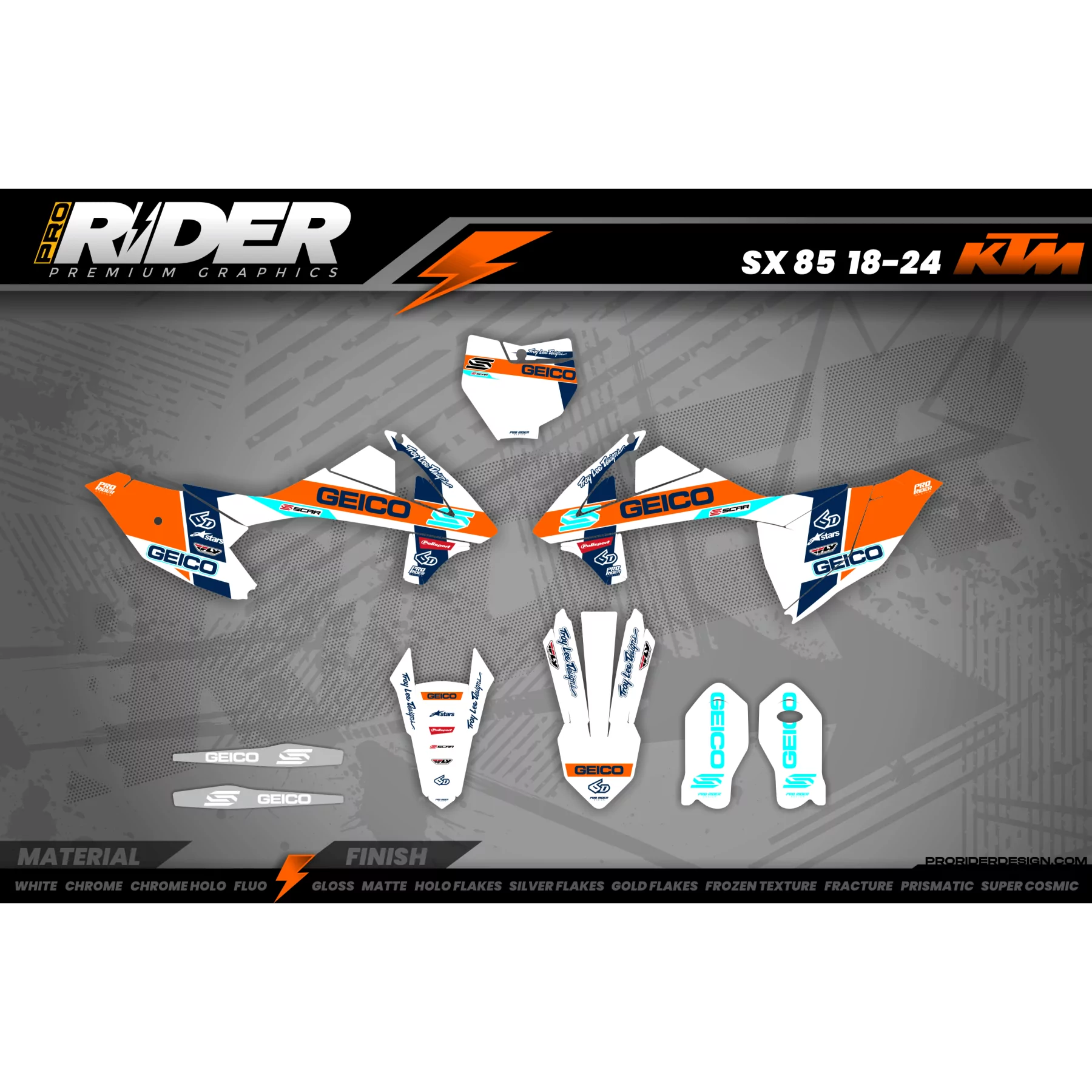 Stickerset Motocross perso GEICO DECALS - ALLE MODELLEN STICKERSETS KTM