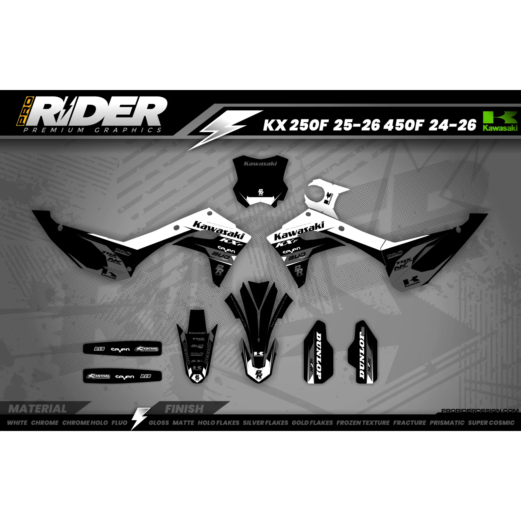 Kit adhesivos Motocross KAWASAKI BUD RACING NEGRO|BLANCO (REF:PRDA36B5)  - KIT ADHESIVOS MOTOCROSS KAWASAKI