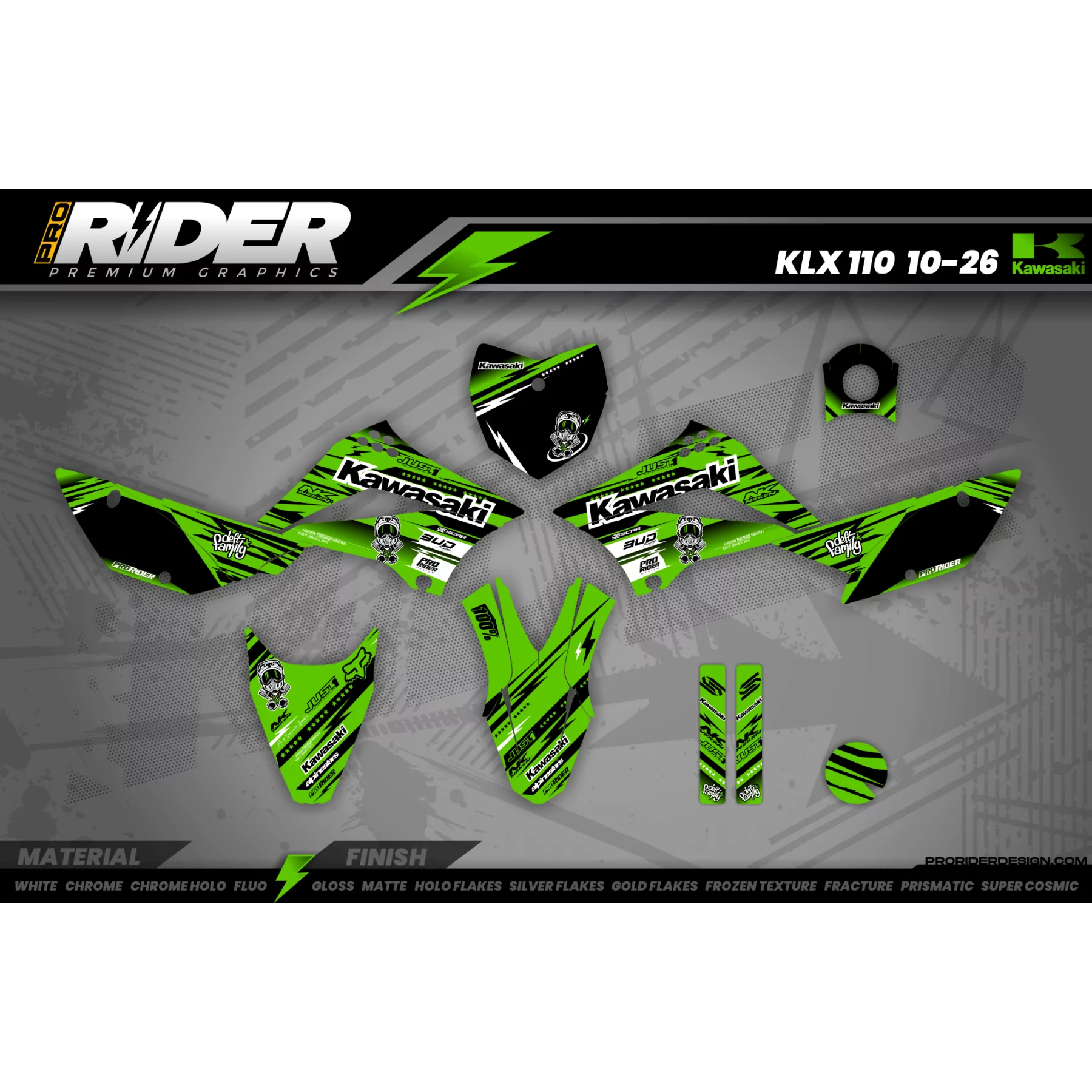 Motocross graphics KAWASAKI JUST1 GREEN - KAWASAKI QUAD GRAPHICS KIT