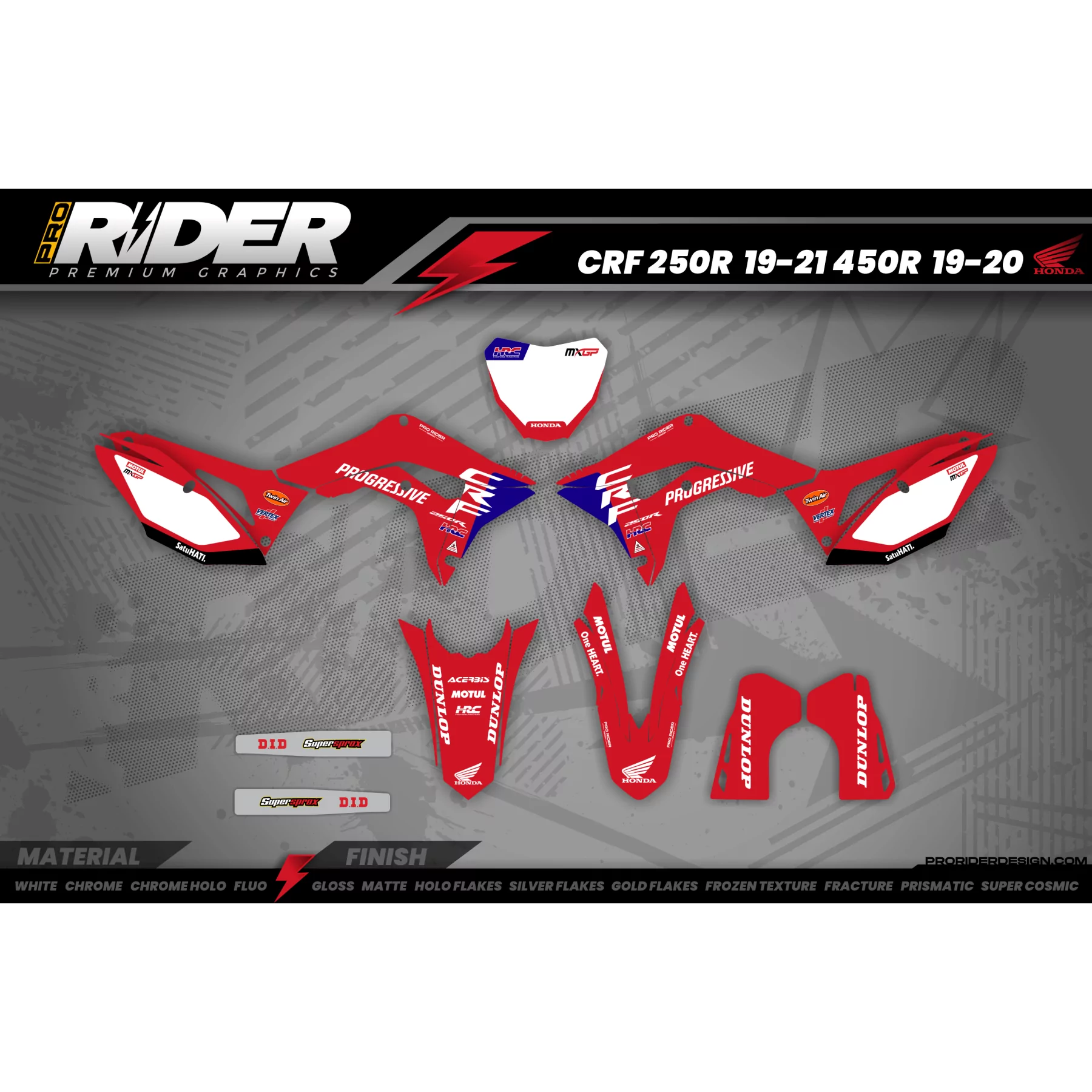 Kit adesivos Motocross HONDA HRC SMX Team PROGRESSIVE | RED - KIT ADESIVOS MOTOCROSS ENDURO