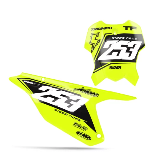 STICKERSET VOOR STARTNUMMERBORDEN TRIUMPH Vantax zwart geel