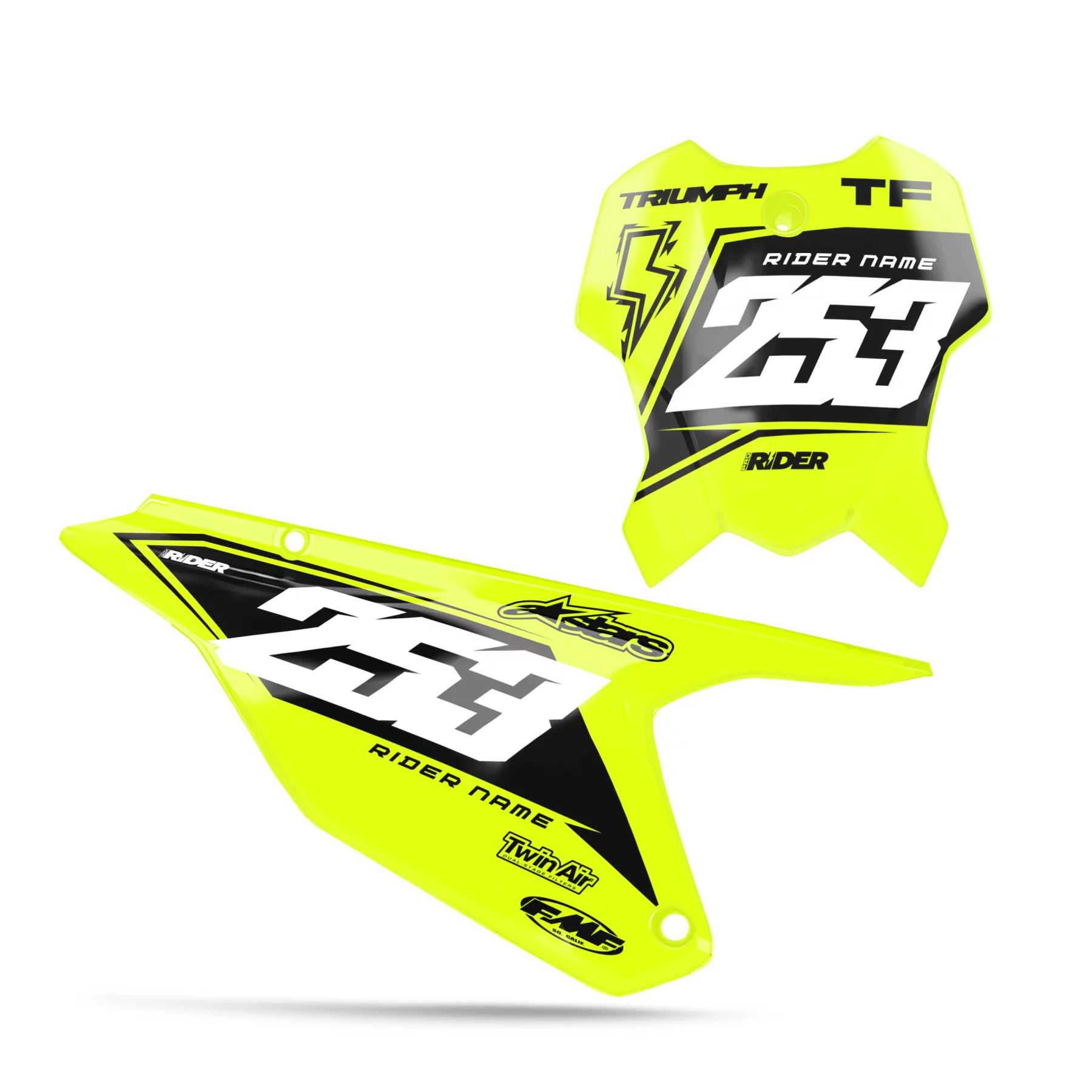 STICKERSET VOOR STARTNUMMERBORDEN TRIUMPH Vantax zwart geel