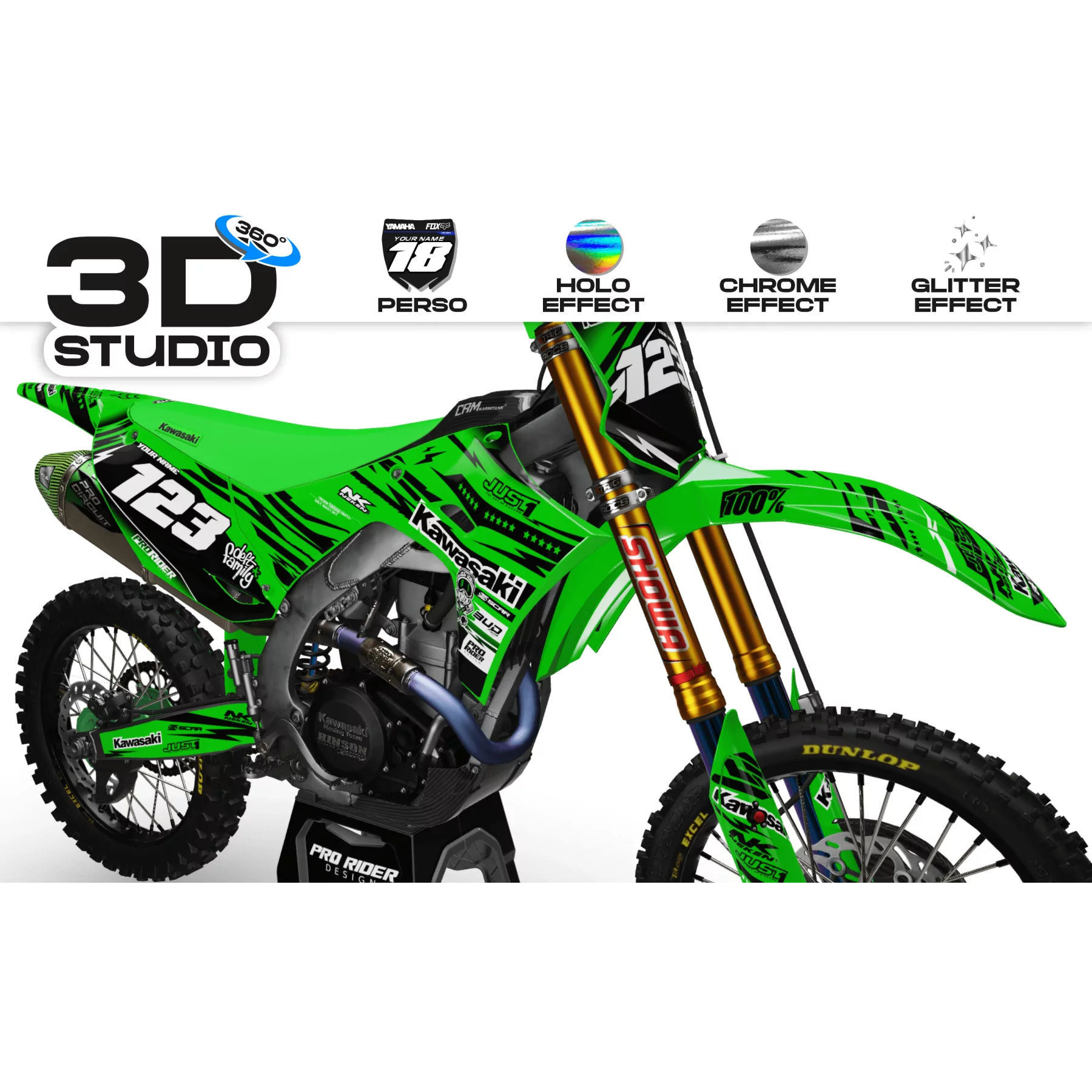 Kit adesivos moto KIT ADESIVOS Motocross KAWASAKI JUST1 GREEN 3D