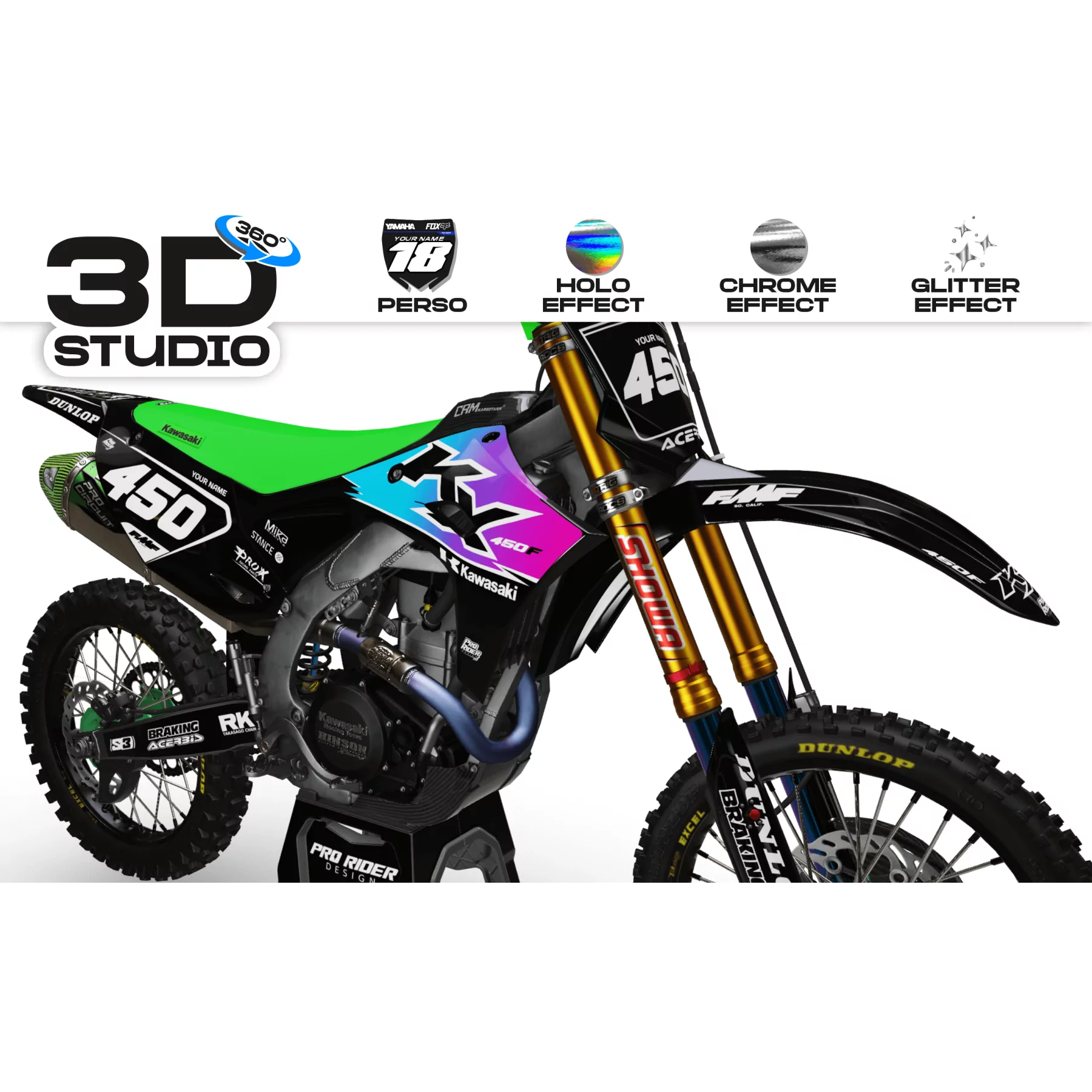 Kit adesivos moto KIT ADESIVOS Motocross KAWASAKI MX TEST BLACK 3D
