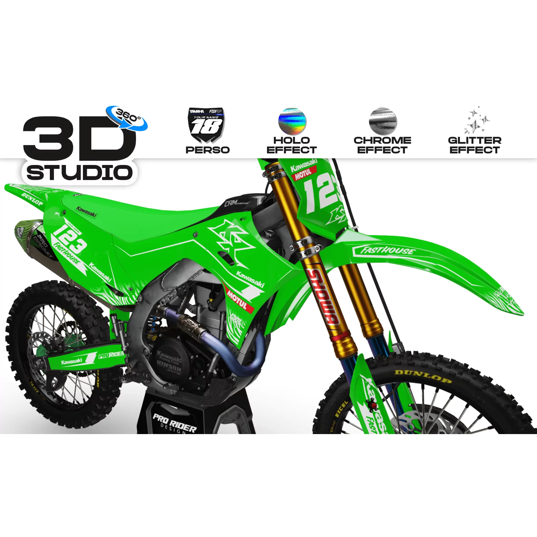 Motorrad-DEKOR Motocross Dekor KAWASAKI MOTUL GREEN/WHITE 3D