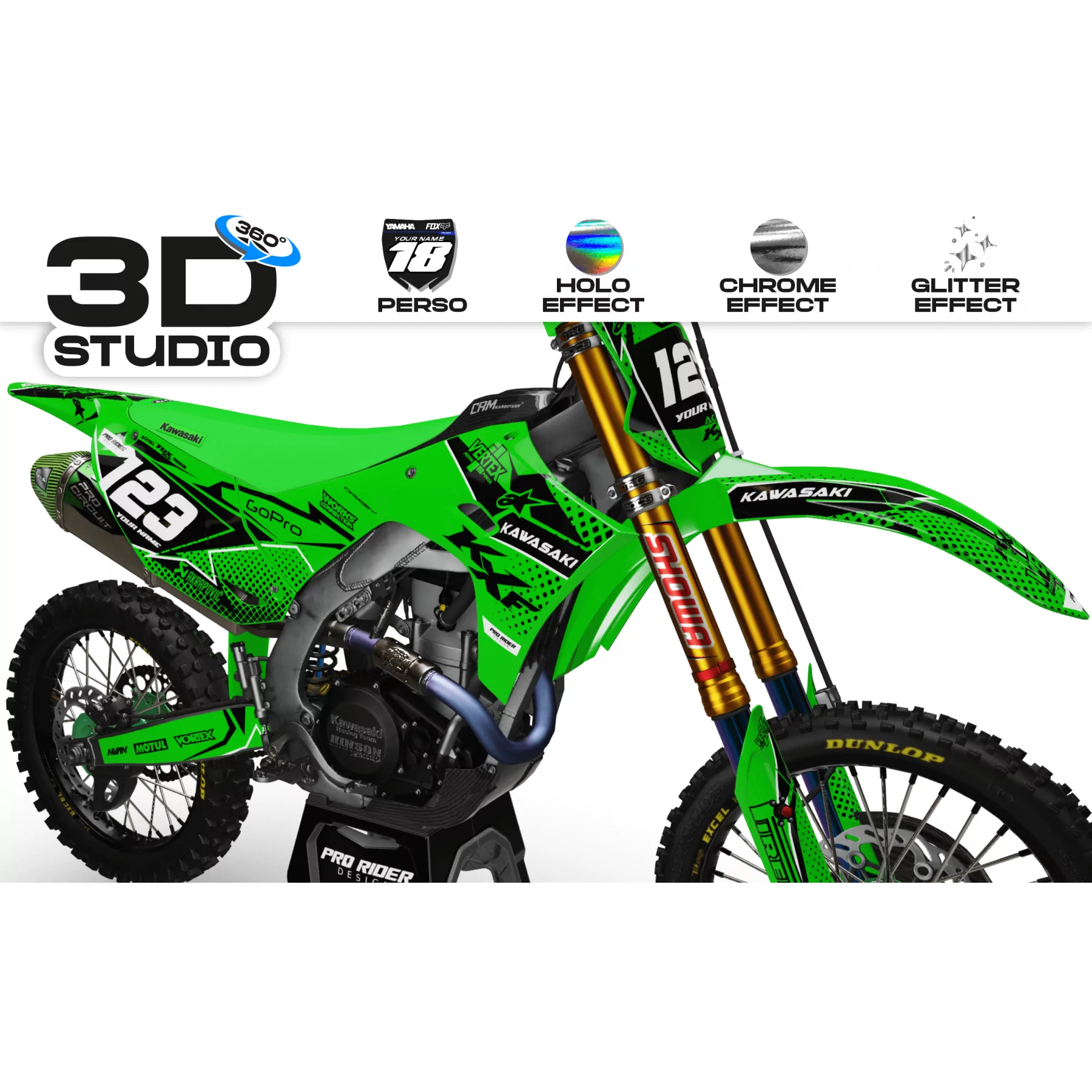 Kit de autocolantes para mota KIT ADESIVOS de motocross KAWASAKI VERTEX VERDE (REF:PRDA39B4) 3D