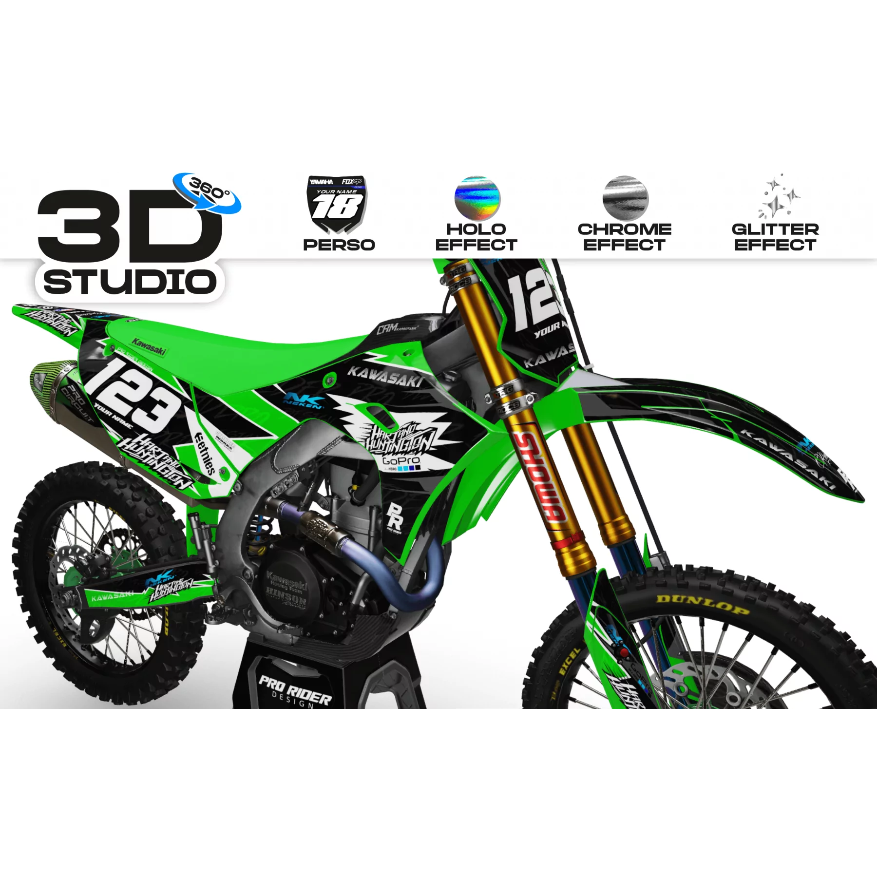Motorstickerset Stickerset Motorcross KAWASAKI GO PRO hart and huntington (REF:PRDA38B) 3D