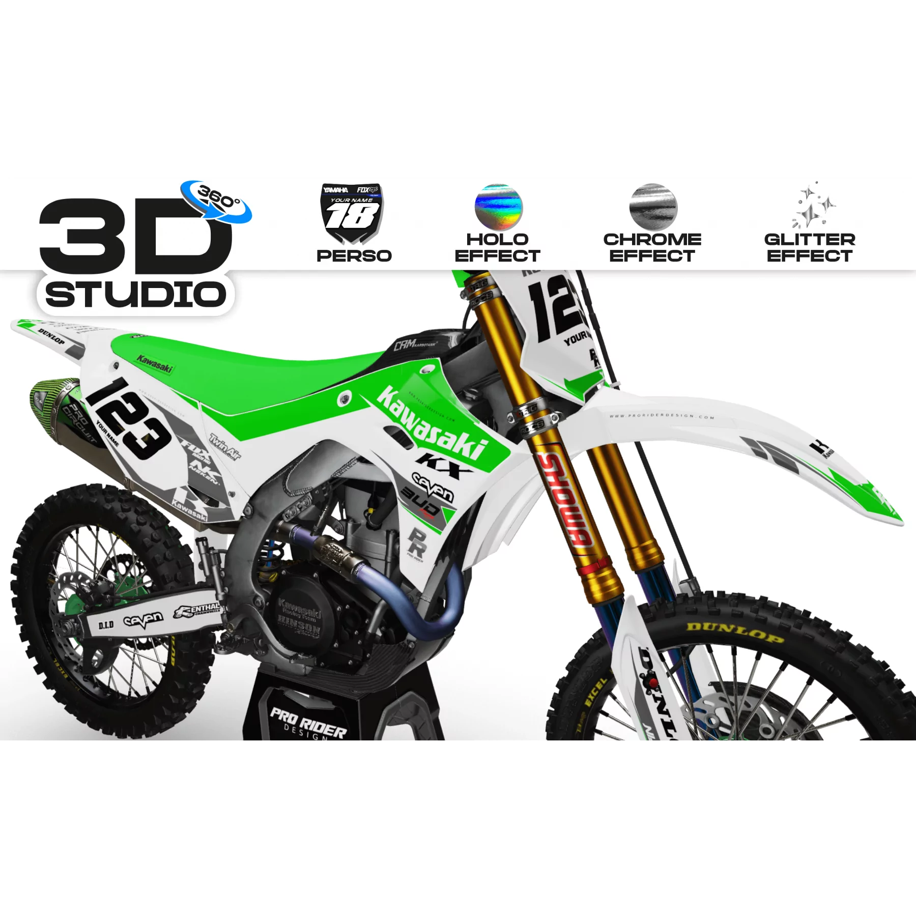 Motorstickerset Stickerset Motorcross KAWASAKI BUD RACING BLANC|VERT (REF:PRDA36B2) 3D