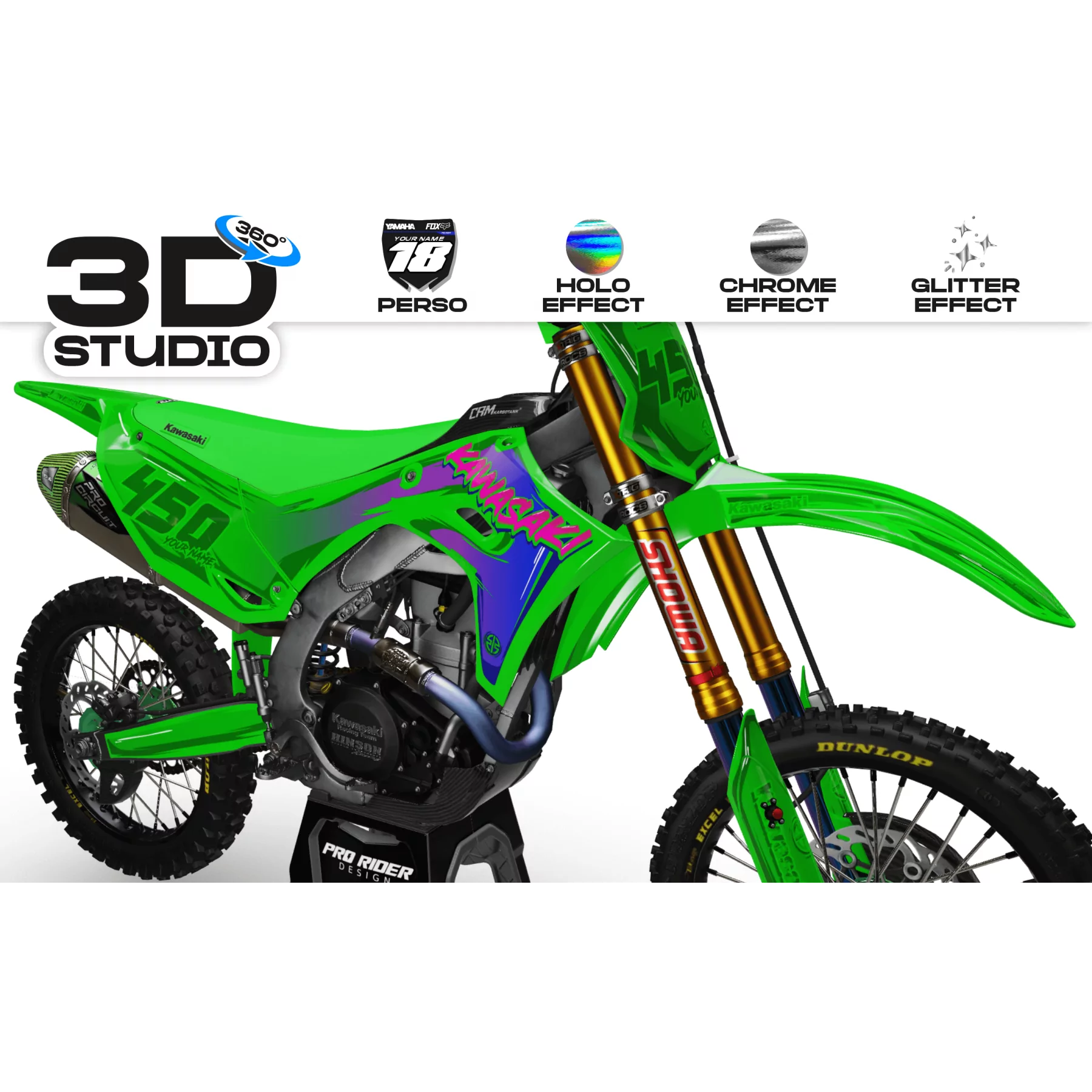 Motorcycle graphics GRAPHICS MOTOCROSS KAWASAKI CARTOON MANGA BRUSH GREEN/BLUE 3D