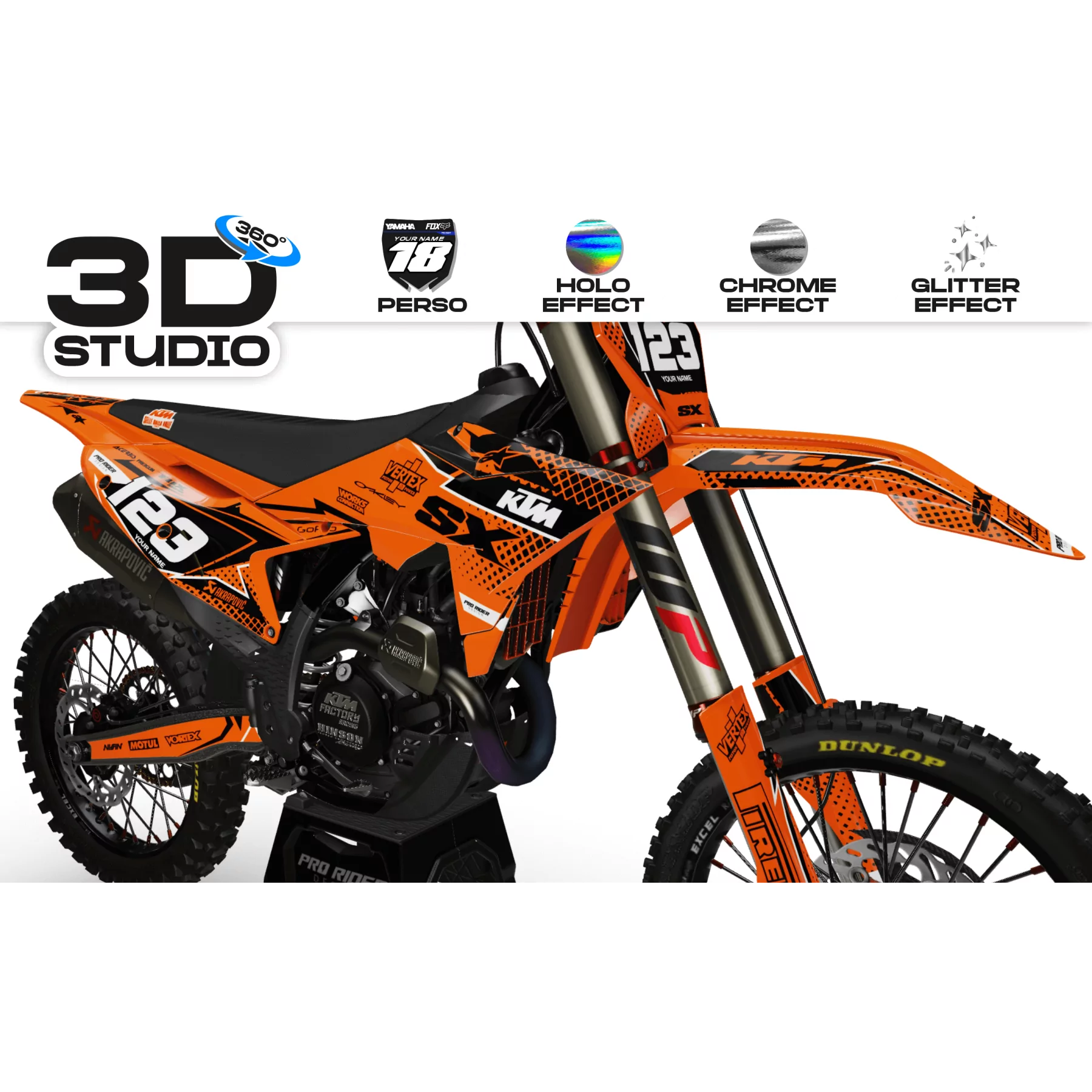 Kit adhesivos para moto KIT ADHESIVOS MOTOCROSS PERSONALIZADO KTM VERTEX NARANJA (REF:PRDA39C4) 3D
