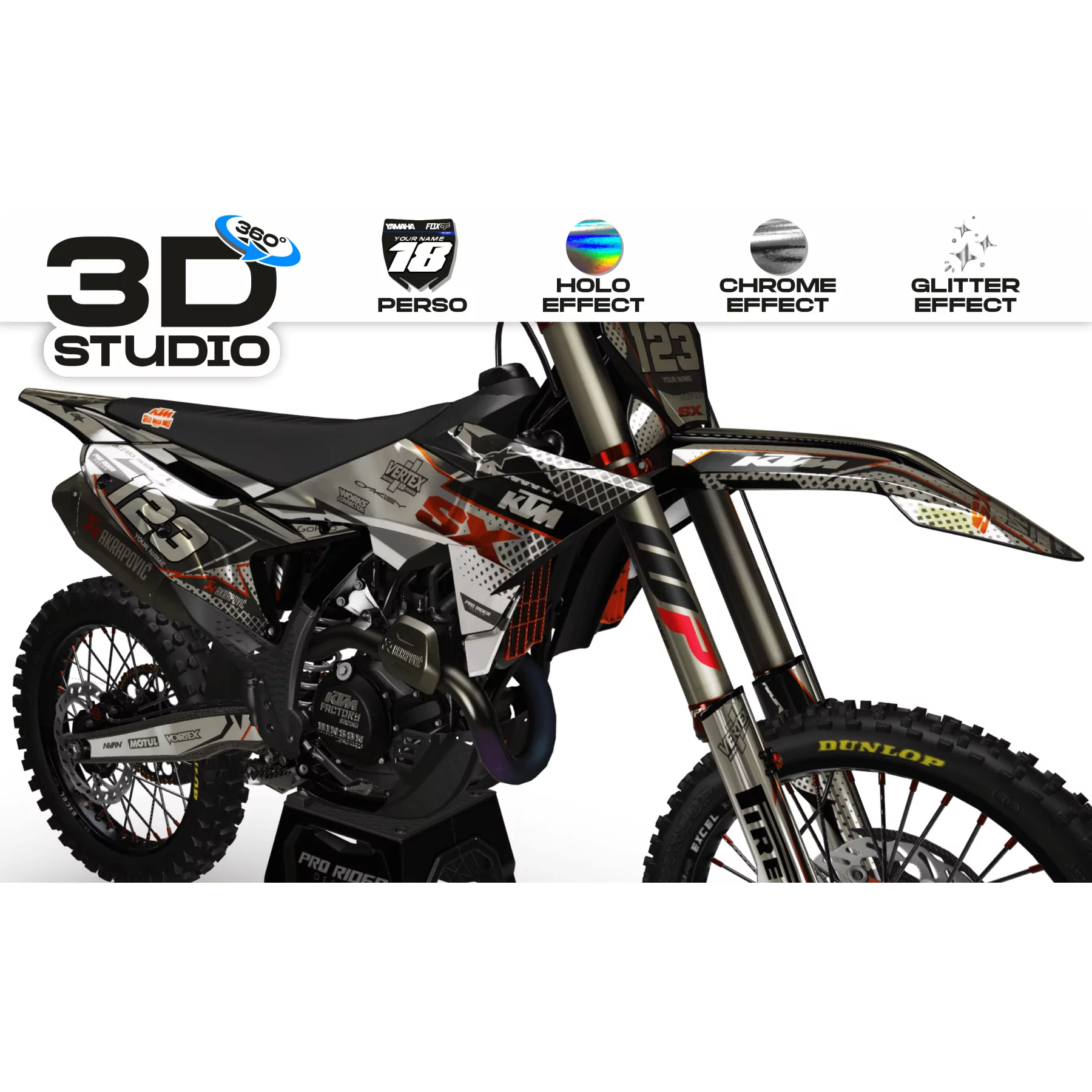 Motocross graphics kit GRAPHICS CHROME Motocross KTM VERTEX WHITE (REF:PRDA39C3) 3D