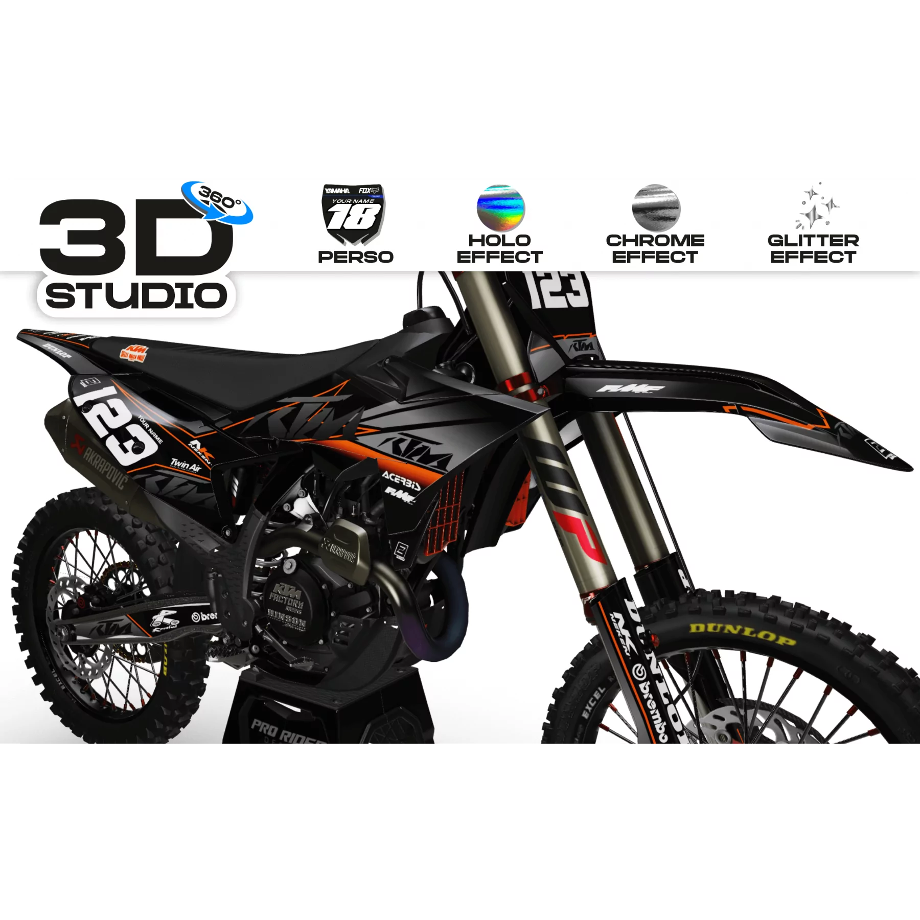 Kit adhesivos para moto KIT ADHESIVOS de motocross KTM DE FÁBRICA NEKEN NEGRO MATE (ref:prda31c) 3D