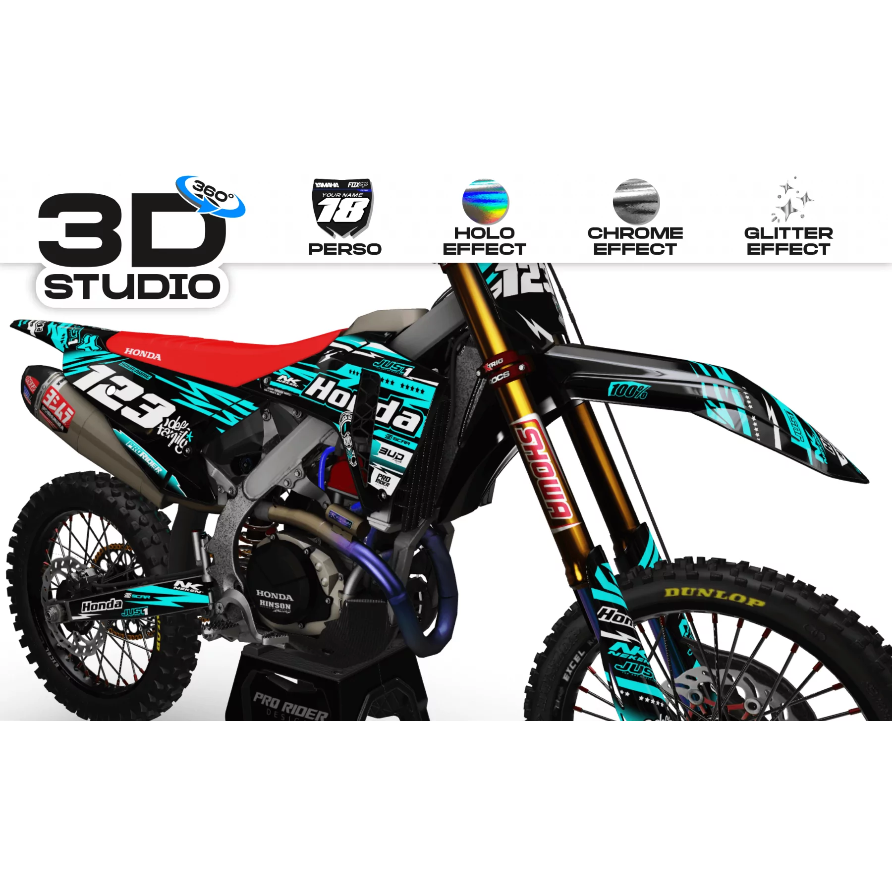 Kit adesivos moto KIT ADESIVOS Motocross HONDA JUST1 TEAL 3D