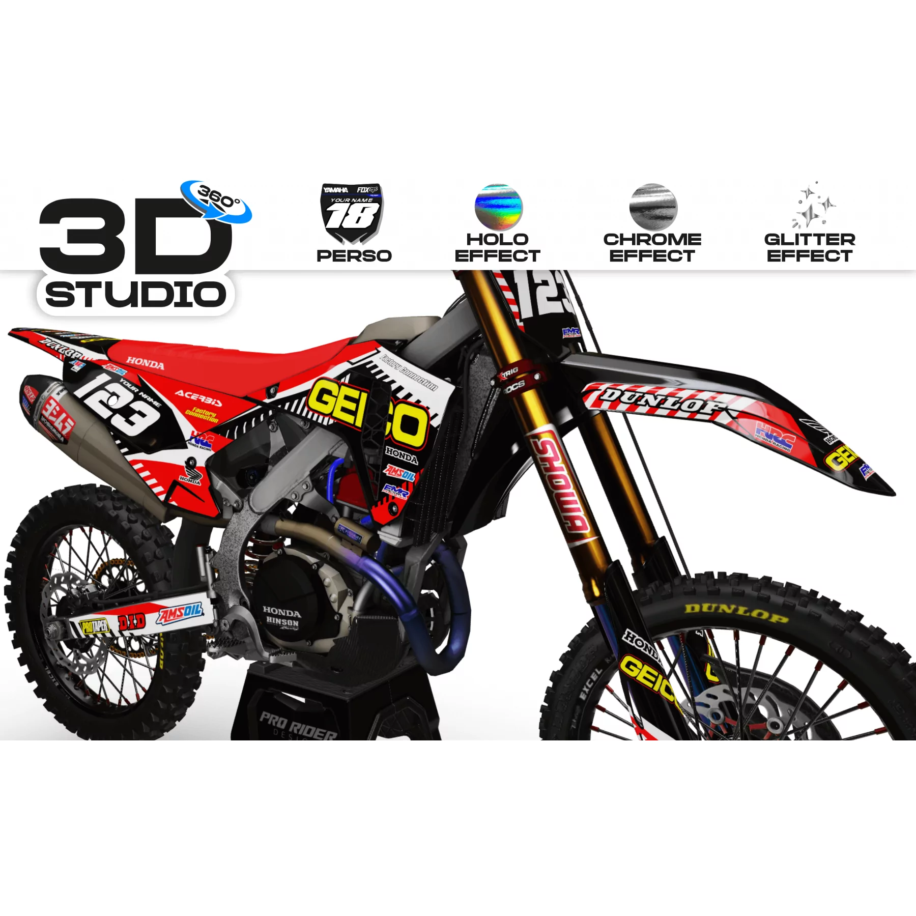 Kit adhesivos moto KIT ADHESIVOS MOTOCROSS GEICO honda (ref:prda12a) 3D