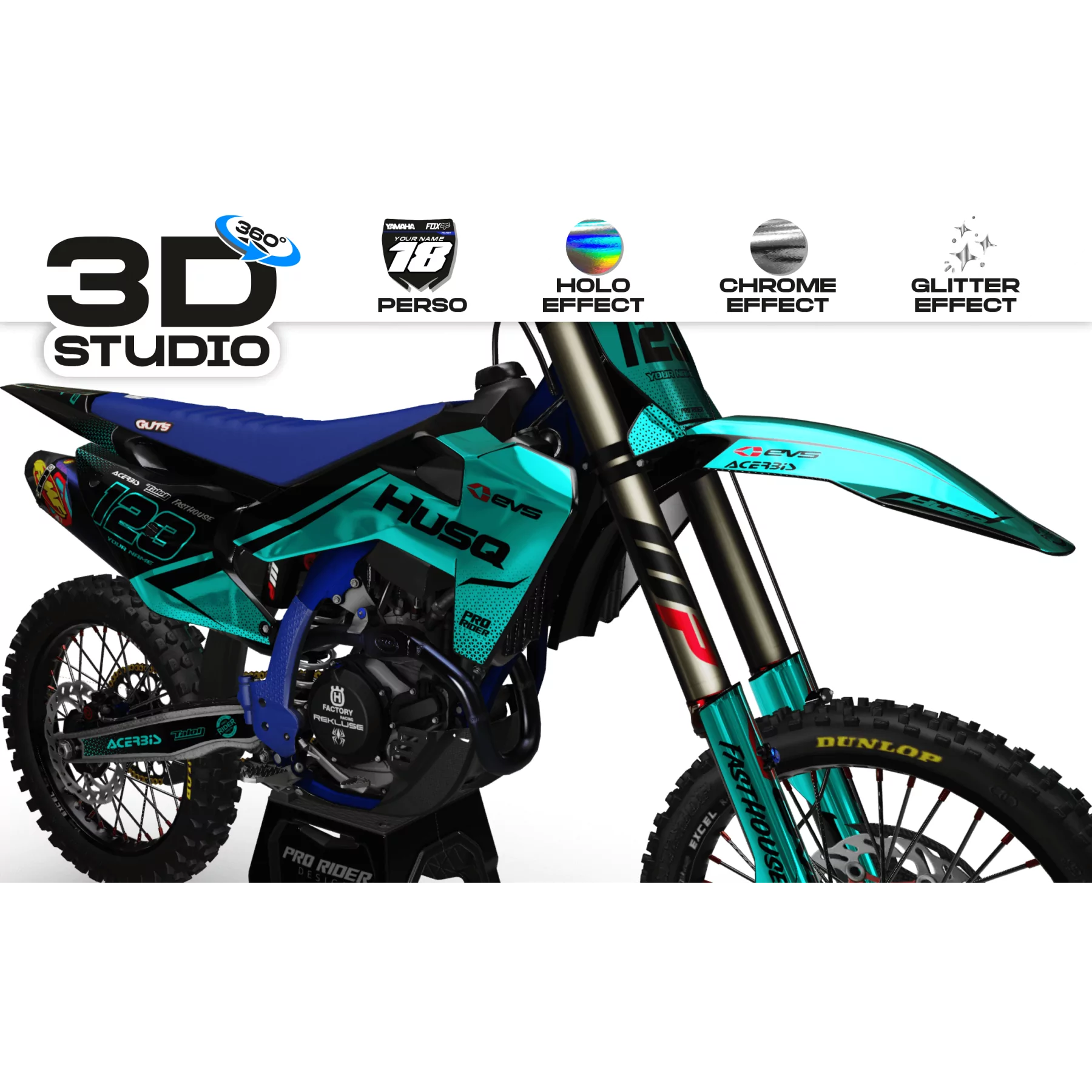 Kit adesivos moto KIT ADESIVOS Motocross HUSQVARNA EVS TEAL 3D