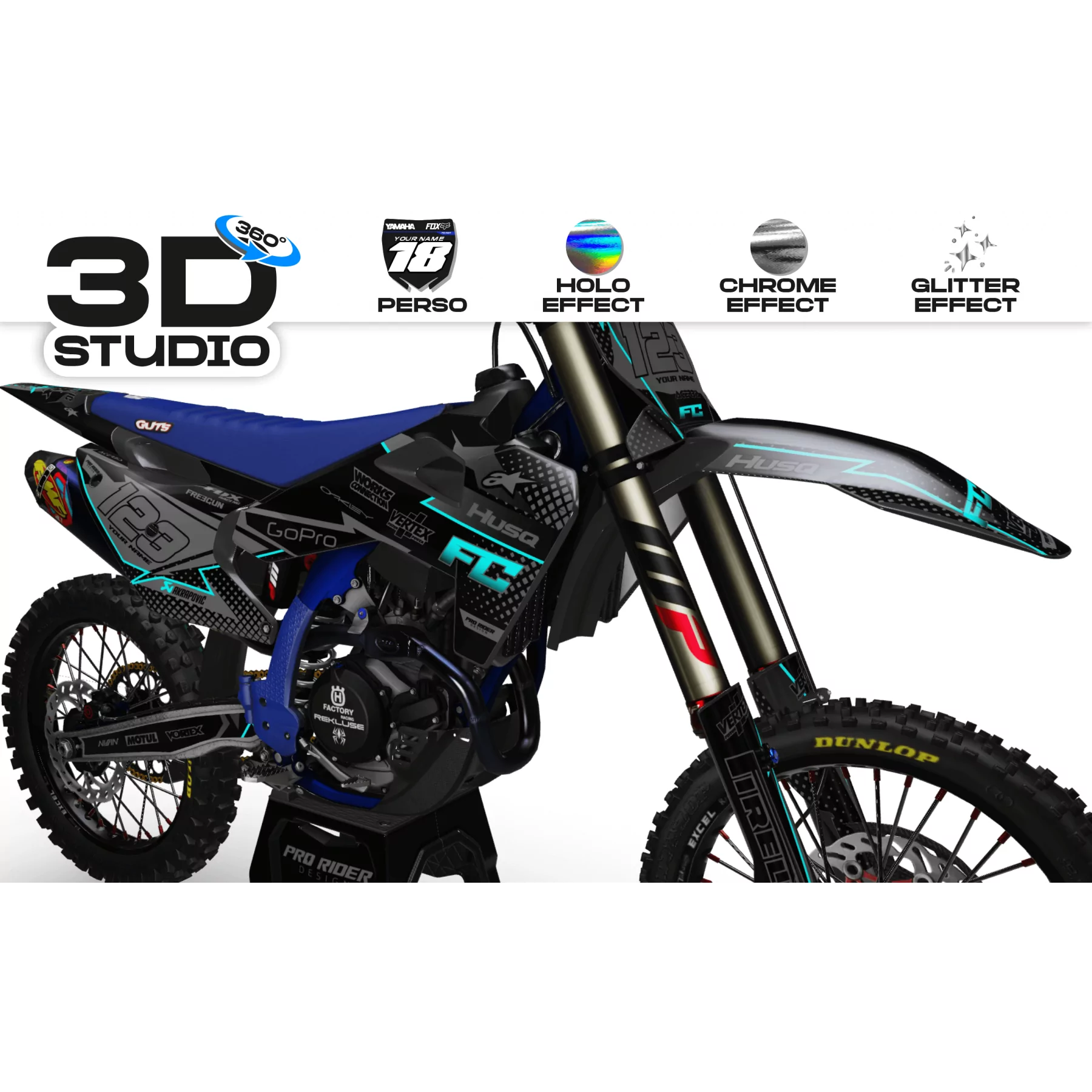 Motorrad-Dekor DEKOR Motocross HUSQVARNA VERTEX TÜRKIS 3D