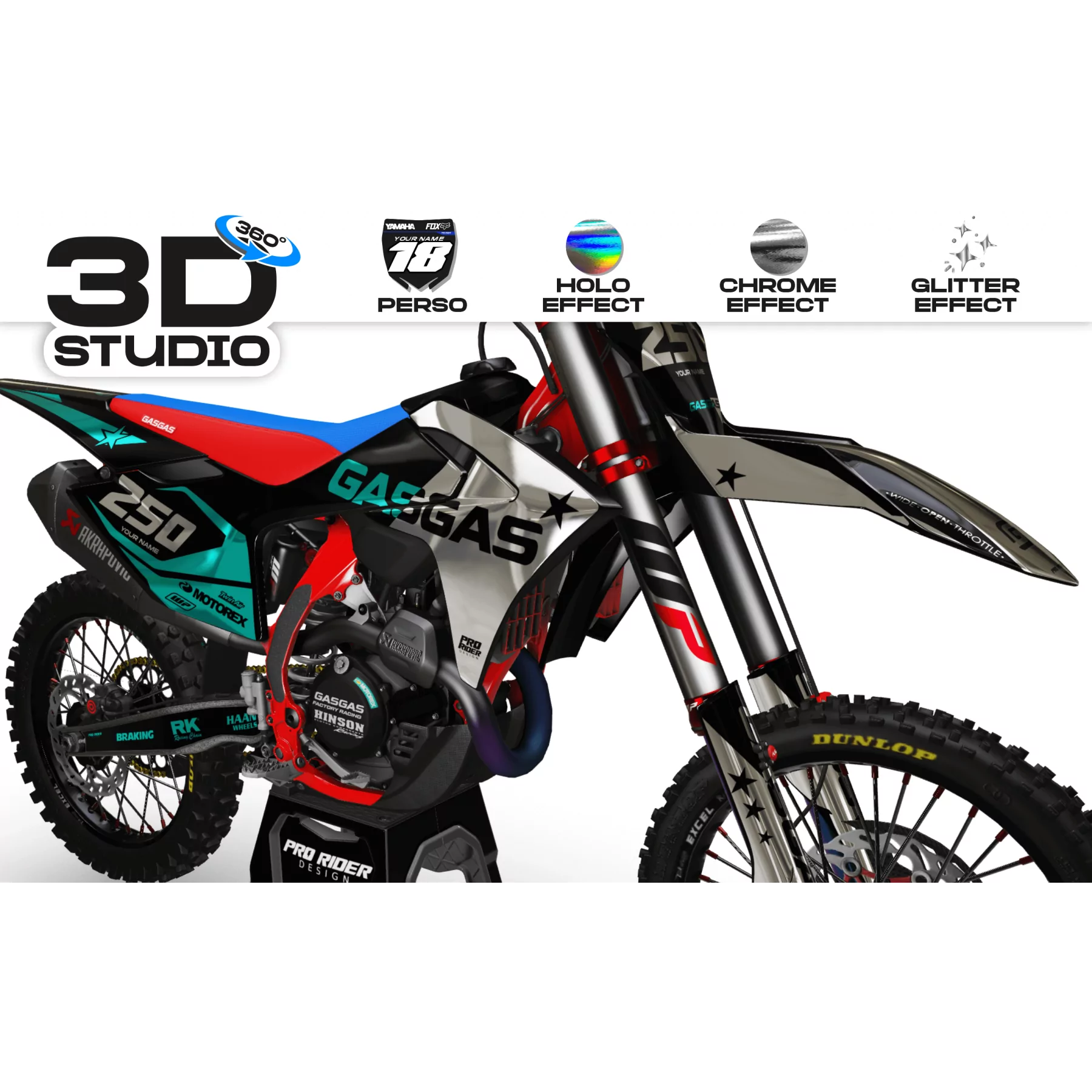 Kit adesivos moto Kit adesivos MOTOCROSS GASGAS STAR TEAL CHROME - 3D